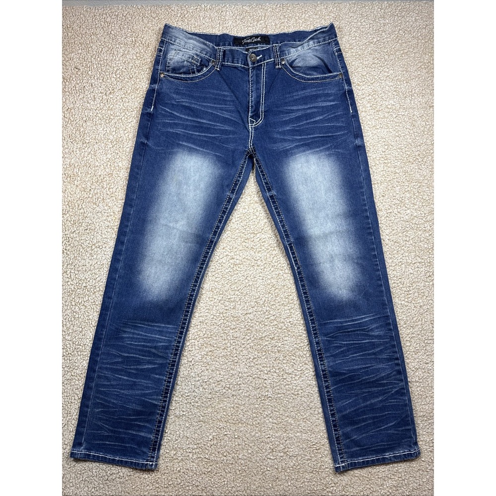 True Luck Jeans Mens 34x32 Classic Stretch Straight Fit Denim Distressed Whisker